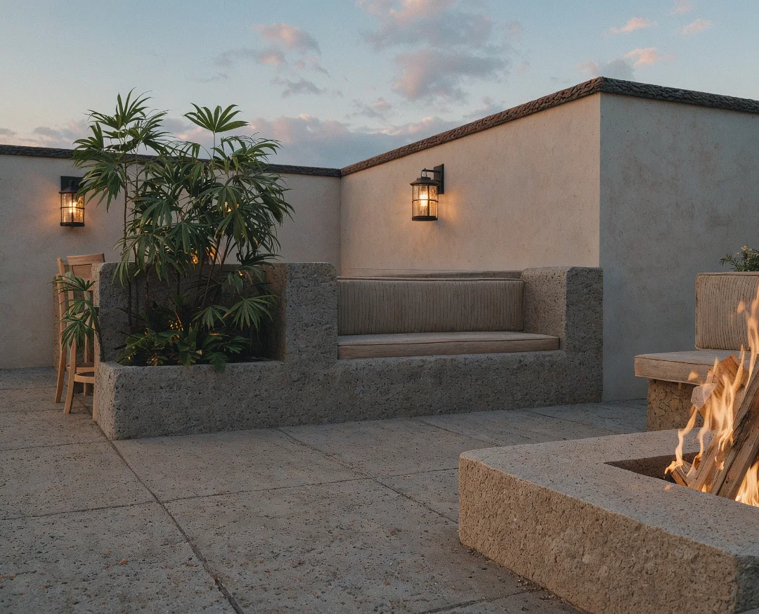 Minimalist outdoor patio at dusk with textured stone seating, a small fire pit, potted tropical plants, wooden bar stools, and wall-mounted lantern lights against smooth plaster walls.