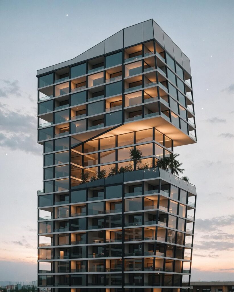 Modern high-rise building with staggered, angular balconies and floor-to-ceiling windows, lit warmly from inside against a dusky sky.