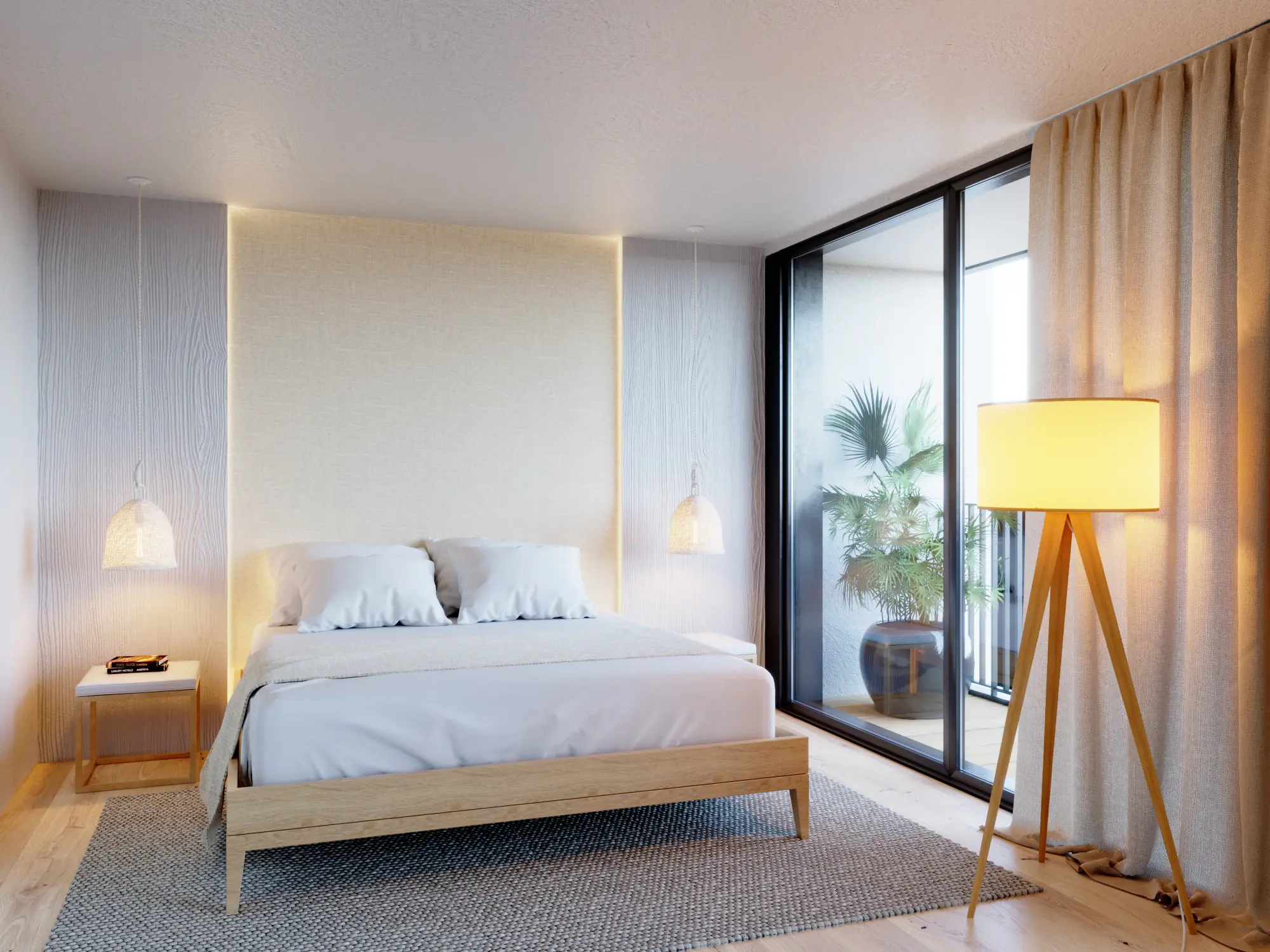 Bright bedroom with a wooden bed frame, illuminated headboard wall, floor lamp, sheer curtains, and access to a balcony with a potted plant.