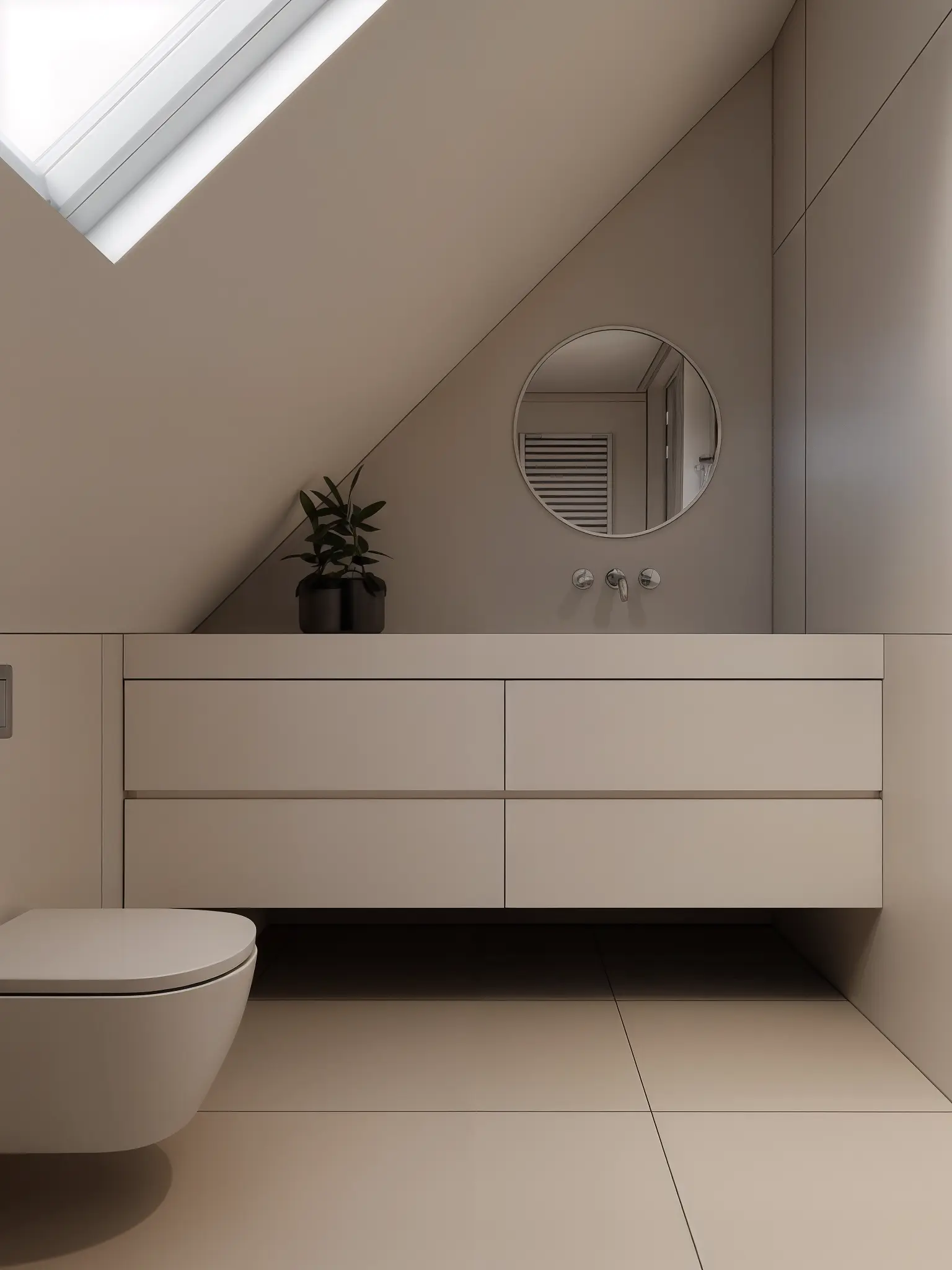 Modern attic bathroom with a sloped ceiling, skylight, wall-mounted toilet, floating vanity with drawers, and a round mirror above the sink.