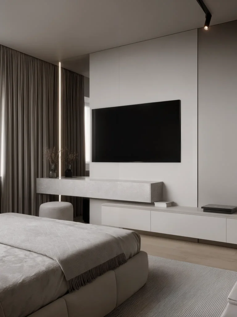Elegant bedroom with a large TV mounted on a minimalist wall unit, thick curtains, a low bed, and neutral tones throughout the interior design.