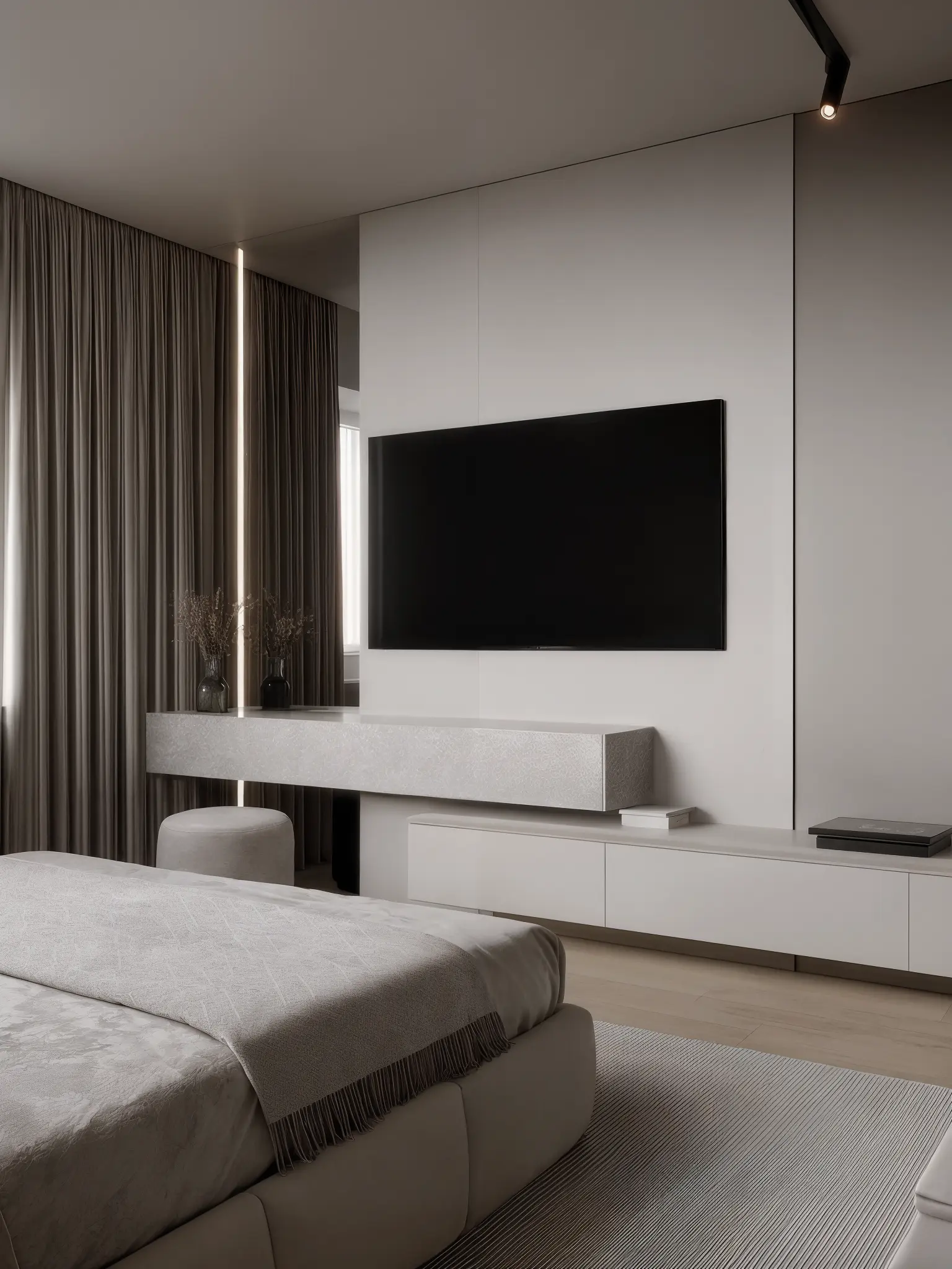 Elegant bedroom with a large TV mounted on a minimalist wall unit, thick curtains, a low bed, and neutral tones throughout the interior design.