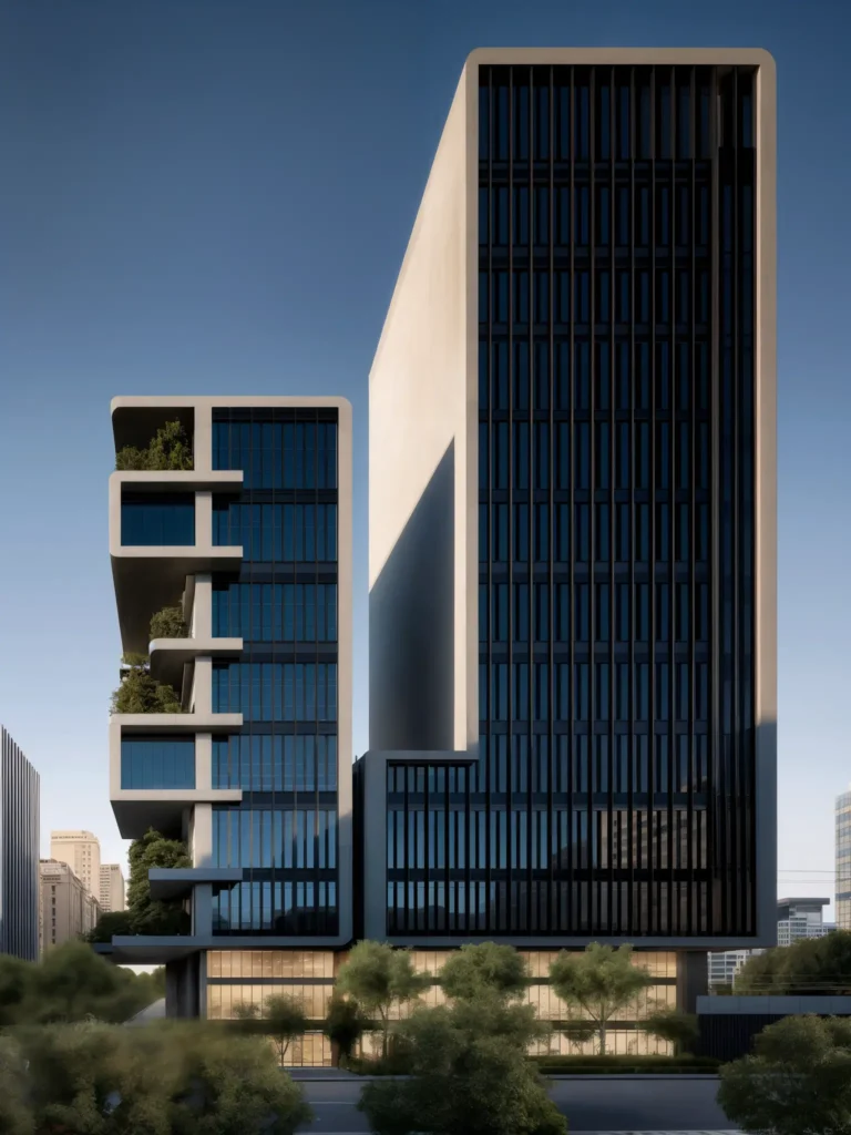 High-rise office or residential towers with sharp-edged concrete frames and dark glass facades, featuring stepped terraces with greenery, under a clear sky.