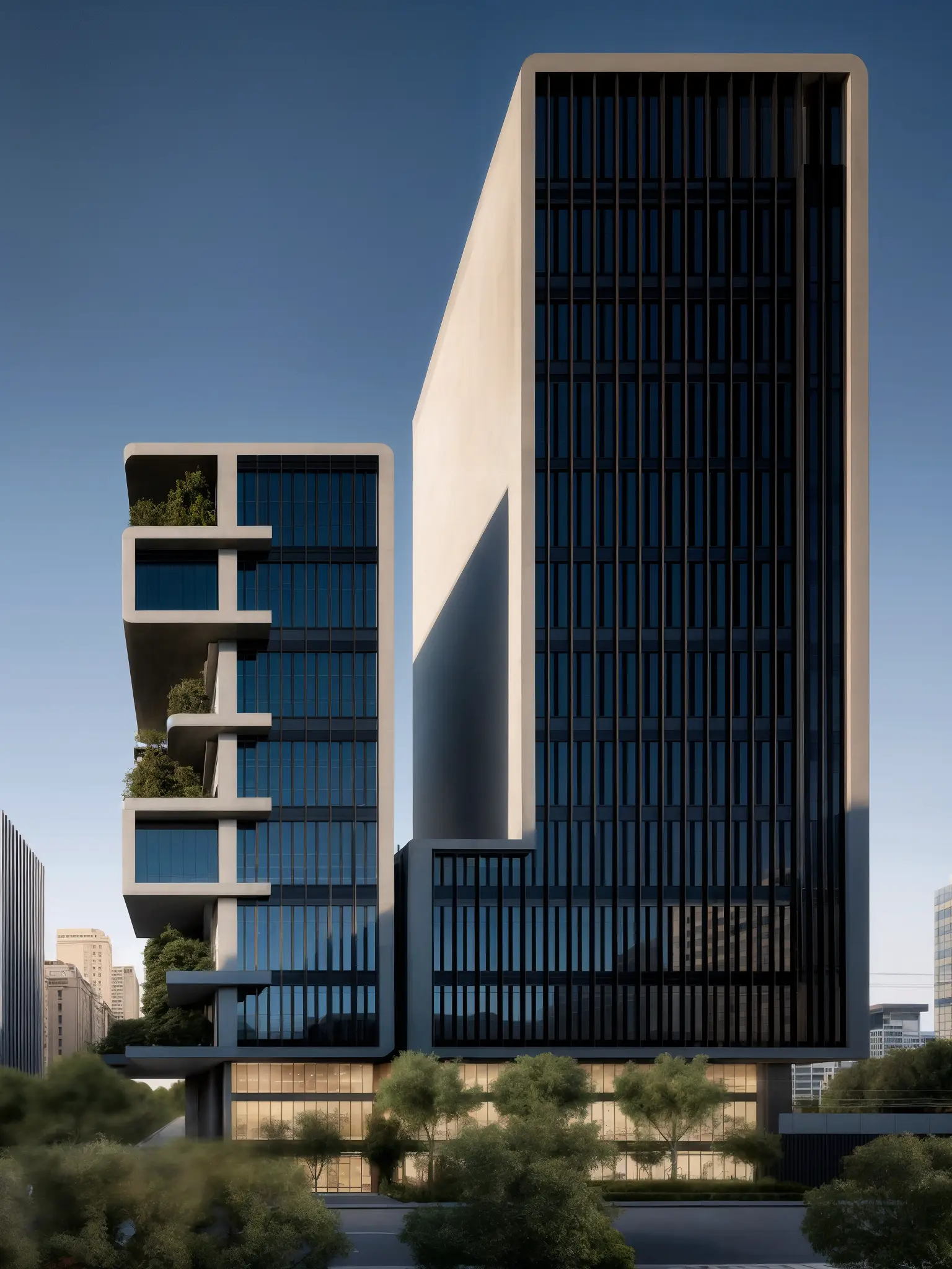 High-rise office or residential towers with sharp-edged concrete frames and dark glass facades, featuring stepped terraces with greenery, under a clear sky.