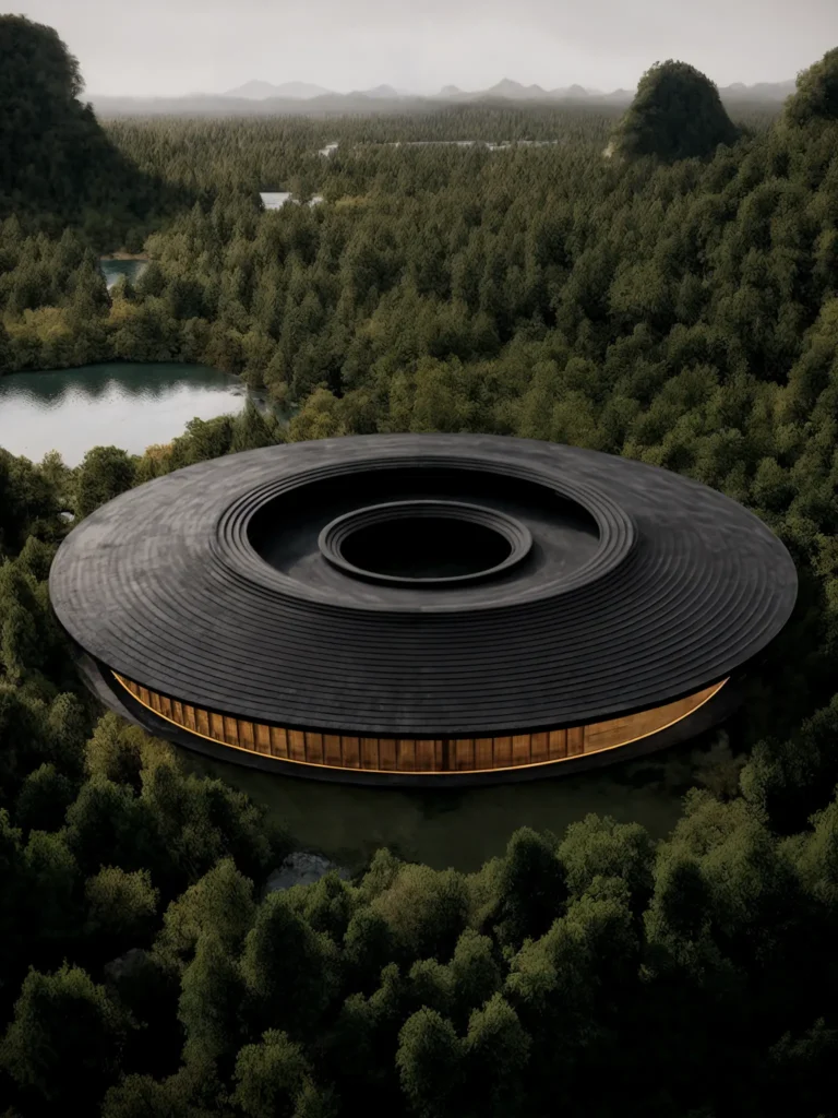 Circular, futuristic black-roofed building nestled in a dense forest with mountains and lakes in the background, resembling a UFO-like structure.