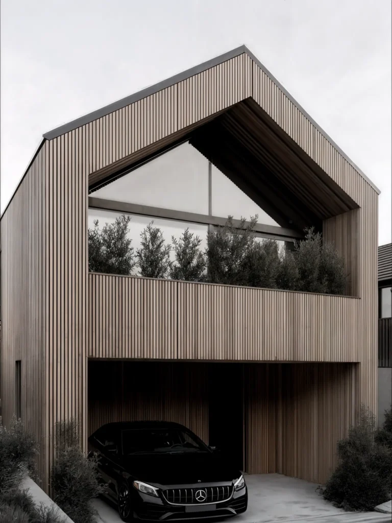 Contemporary wooden-clad house with a sharp gabled roof, tall central window, second-level greenery, and a black Mercedes-Benz parked in the driveway.