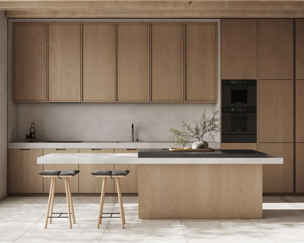 Modern kitchen with natural wood cabinetry, a white and black island, bar stools, and subtle decor, illuminated by soft natural light.