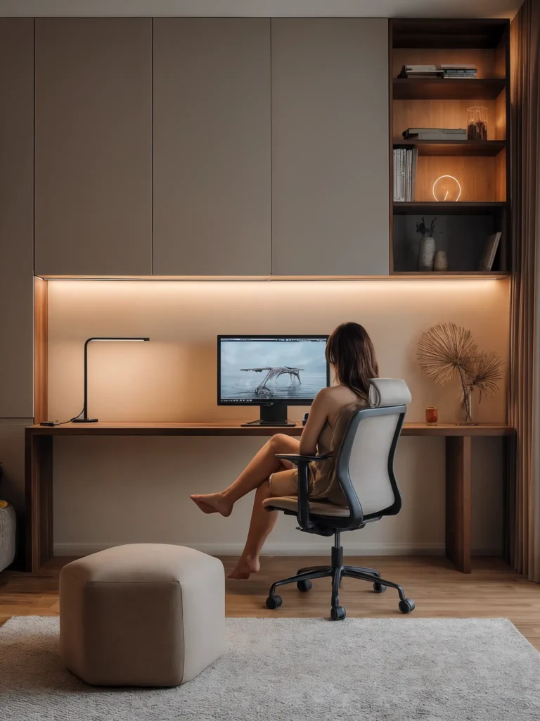 Woman sitting barefoot at a sleek home office desk with integrated lighting, built-in shelves, and a neutral-toned decor watching a screen.