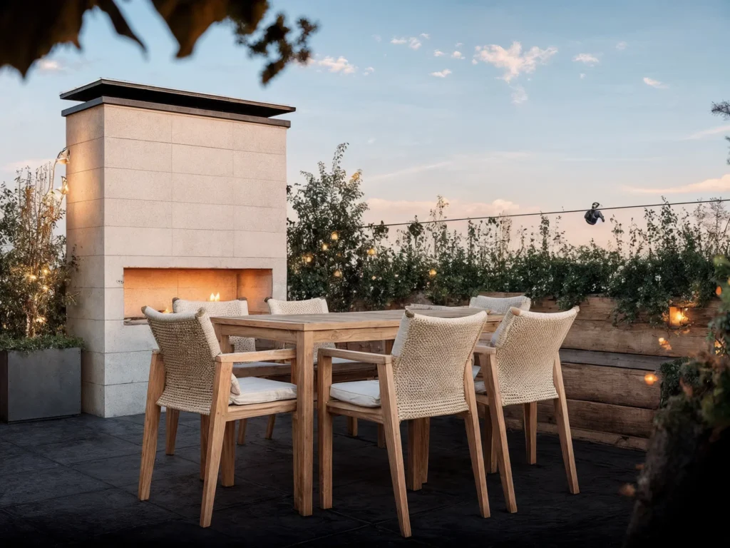 Rooftop patio with a wooden dining table and woven chairs, a built-in stone fireplace, string lights, and lush greenery under a pastel evening sky.