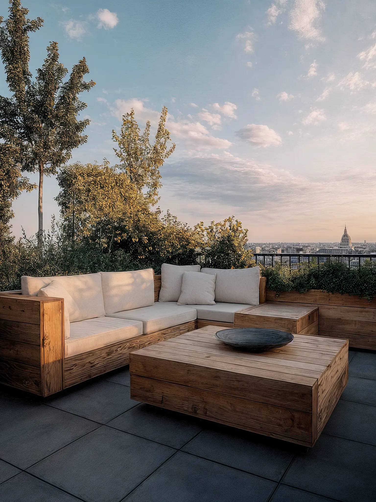 Rooftop terrace at sunset with a large wooden sofa and matching coffee table, surrounded by planter boxes, trees, and an open view of the city skyline.