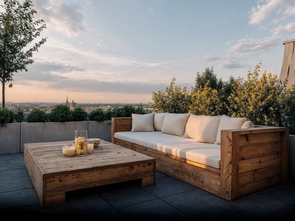 Cozy rooftop lounge with a large wooden sectional sofa and coffee table, surrounded by bushes and overlooking a panoramic cityscape at golden hour.